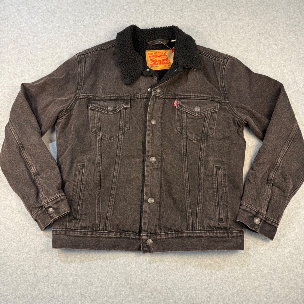 Levis Mens Sherpa Trucker Jacket Washed Black Denim Type III Coat 16365-0276 M